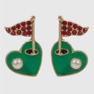 Green Heart Golf Flag Earrings with Pearl Accent